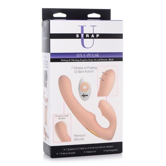 15X U-Pulse Silicone Pulsating and Vibrating Strapless Strap-on with Remote - Blush