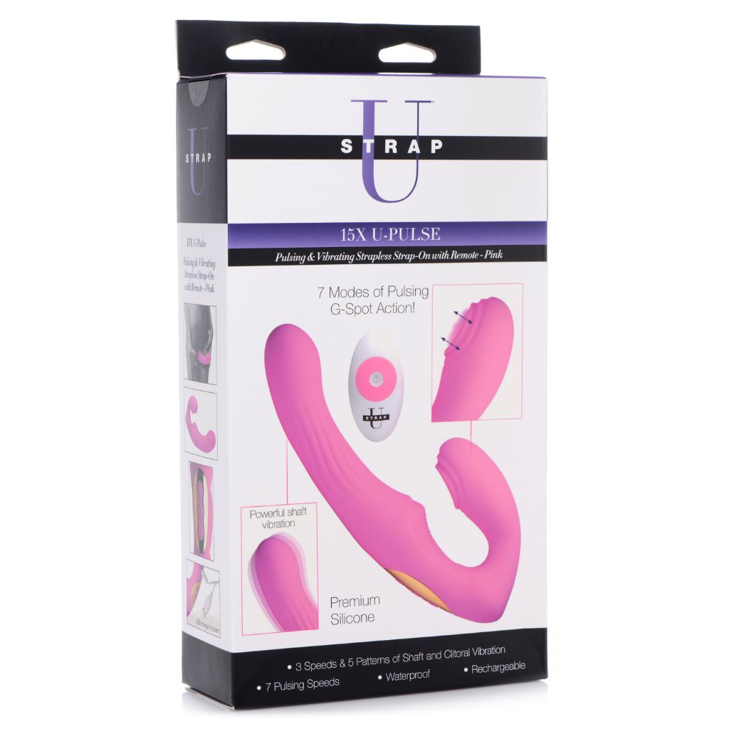 15X U-Pulse Silicone Pulsating and Vibrating Strapless Strap-on with Remote - Pink