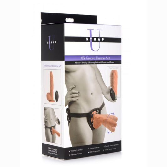 10X Groove Harness with Vibrating and Rotating Silicone Dildo