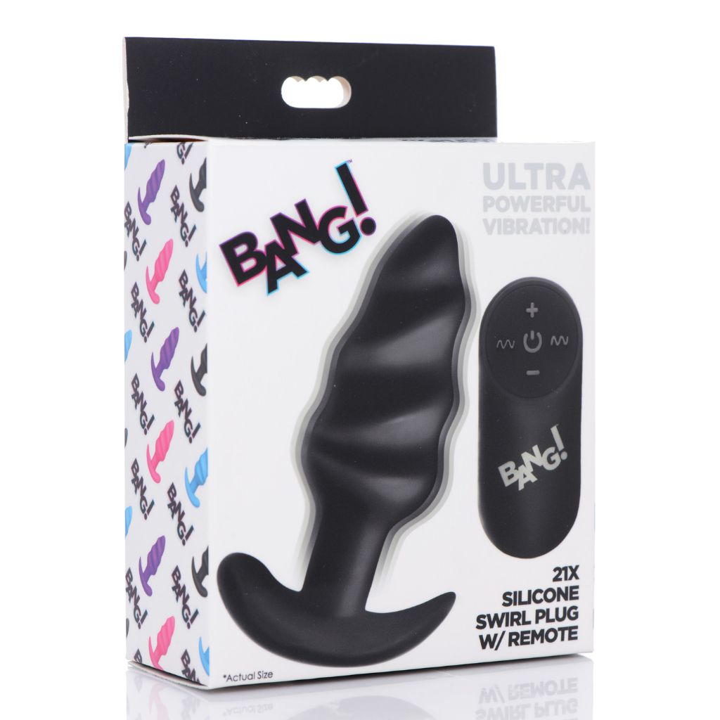 Remote Control 21X Vibrating Silicone Swirl Butt Plug - Black