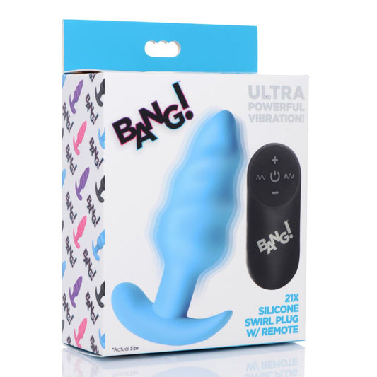 Remote Control 21X Vibrating Silicone Swirl Butt Plug - Blue