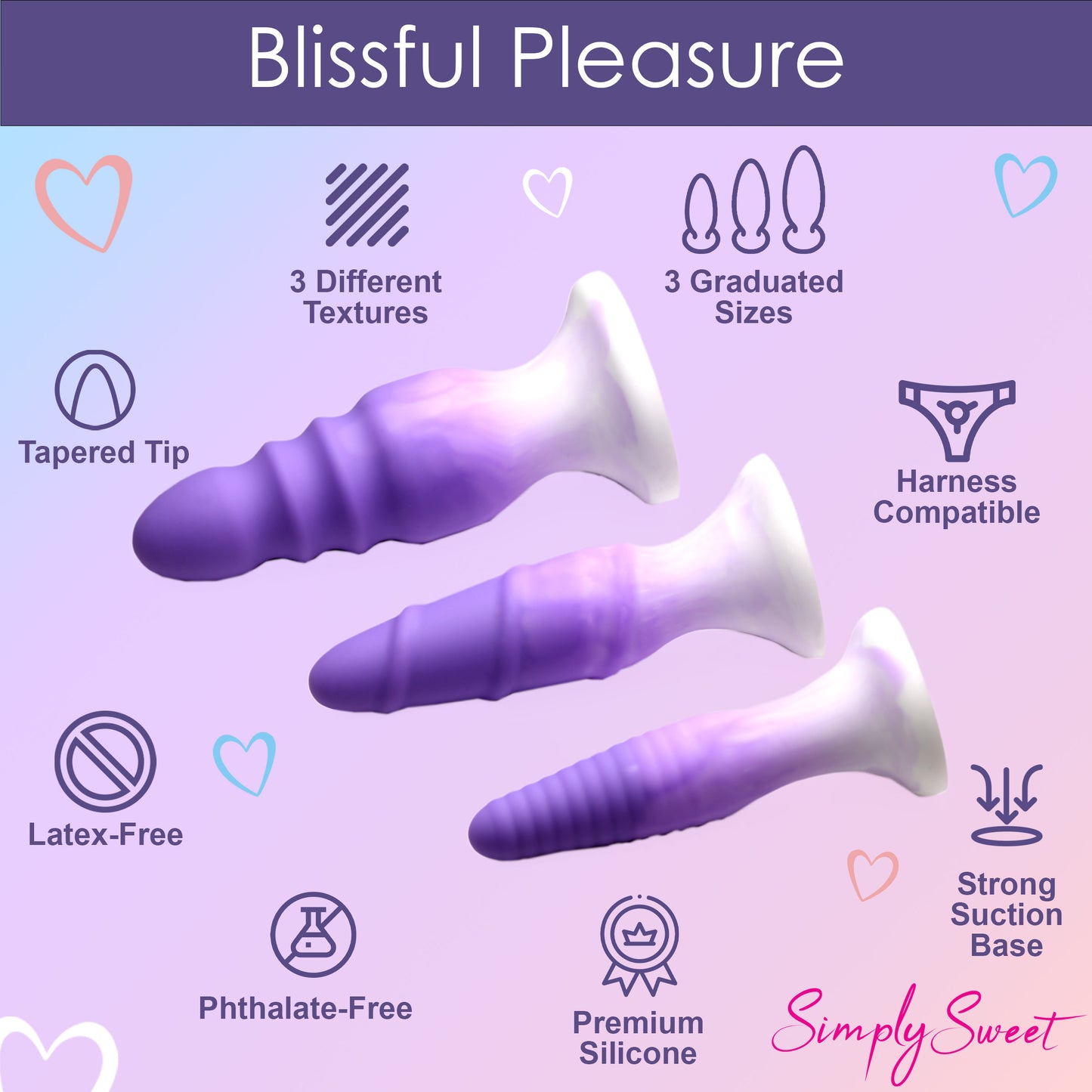 3 Piece Silicone Butt Plug Set - Purple