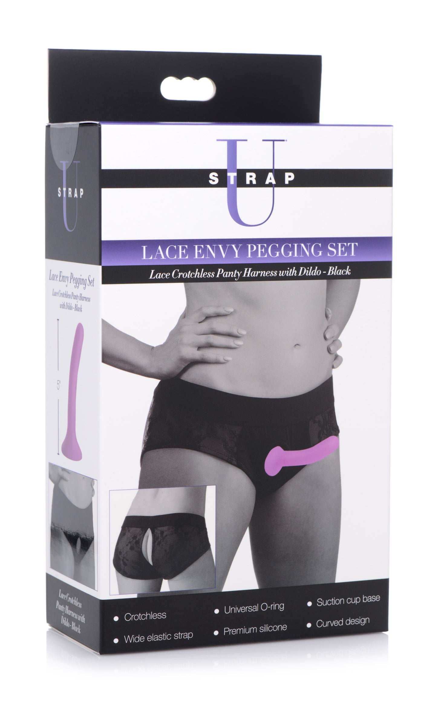 Lace Envy Black Pegging Set with Lace Crotchless Panty Harness and Dildo - L-XL