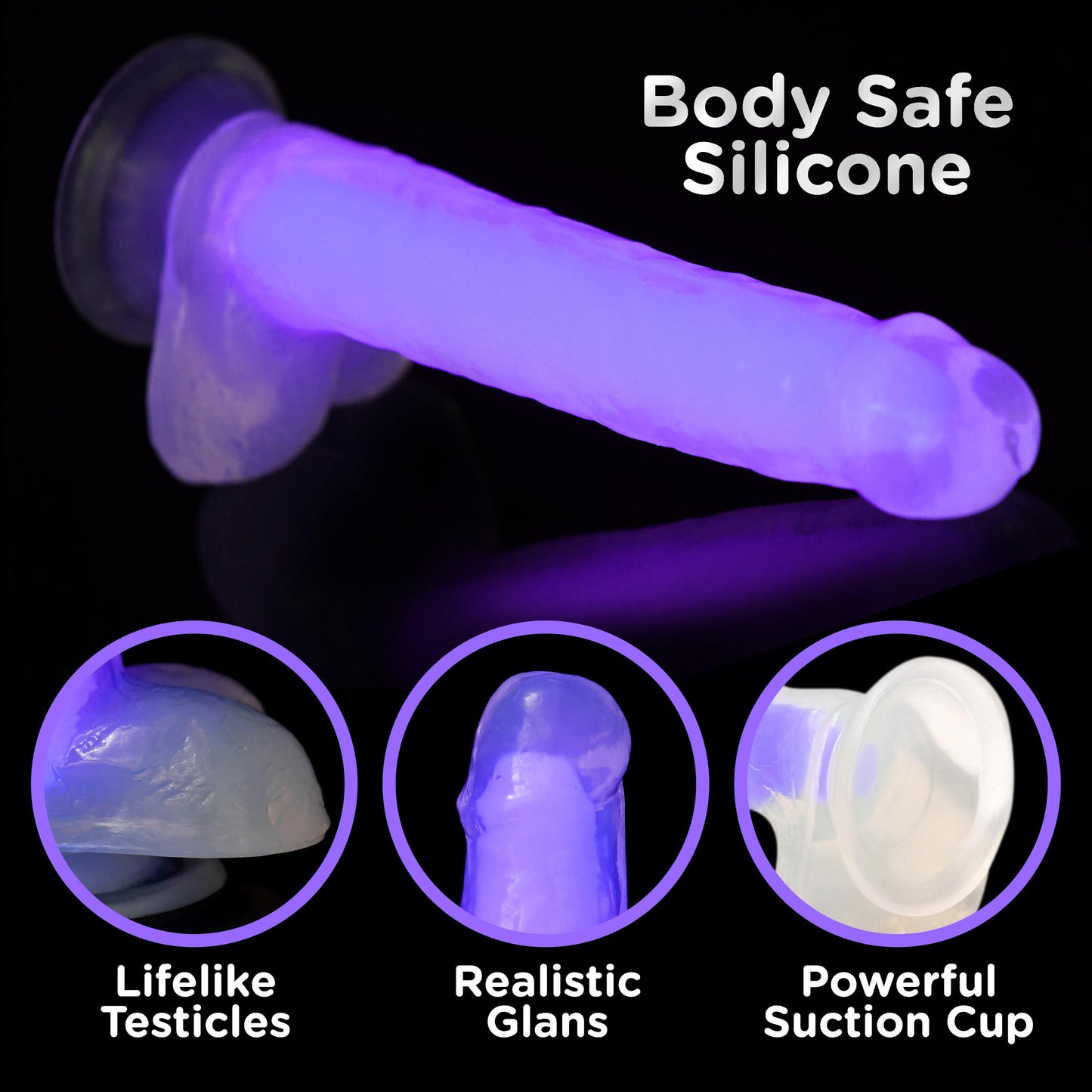 7 Inch Glow-in-the-Dark Silicone Dildo with Balls - Purple